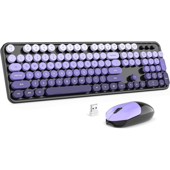 MOFII Wireless Keyboard and Mouse Combo, 2.4GHz Retro Typewriter Keyboard Full Size, Cute Wireless Mice, USB Dongle Plug and Play, for Laptop, PC, Desktop, Windows (Black Purple Gr